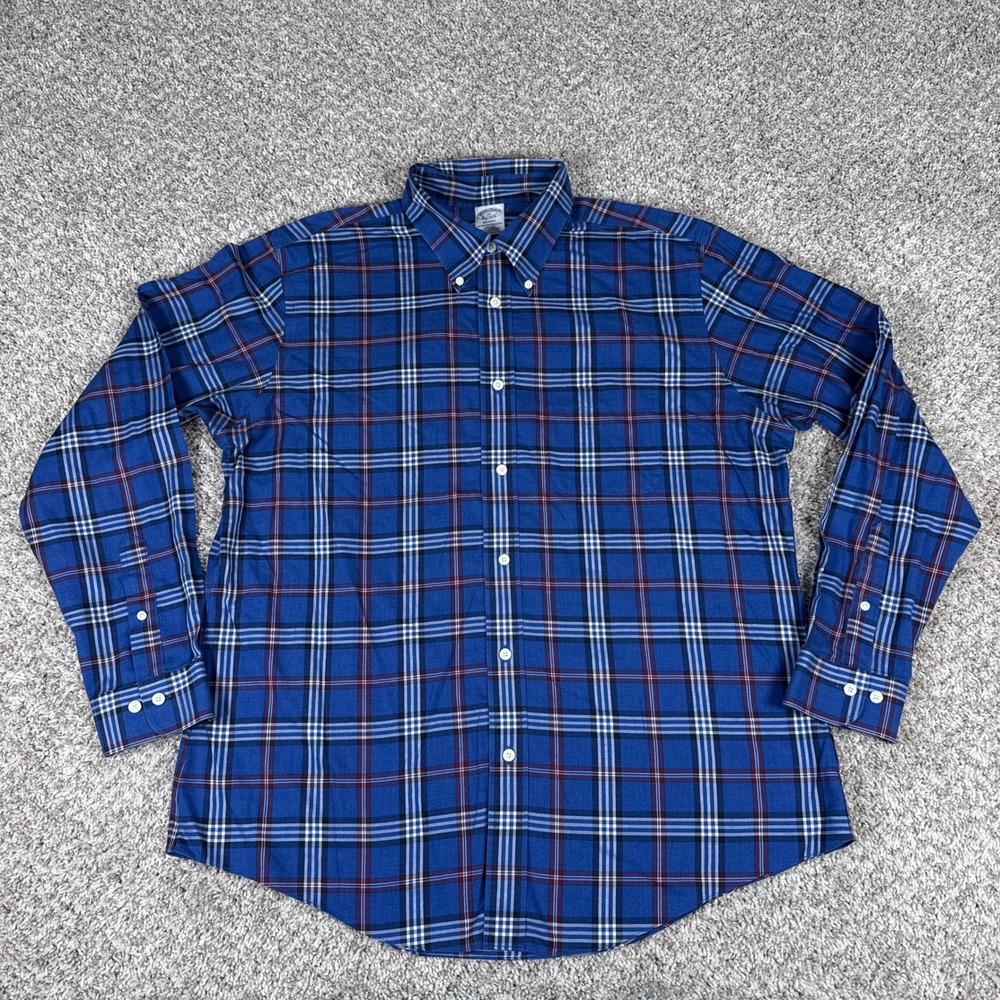 Brooks Brothers Shirt Mens XL Blue Plaid Supima Cotton Non-Iron Regent Preppy - Picture 2 of 7